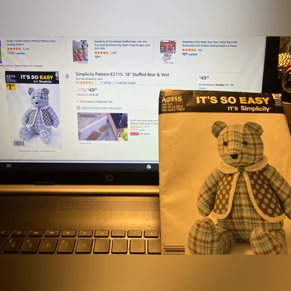 On Amazon, 49.95, Simplicity Pat. A2115, 18” Stuffed Bear & Vest. New/uncut. - Picture 2 of 4